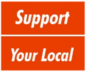 <div>Oranssisella pohjalla valkoisin kirjaimin sanamerkki Support Your Local</div>